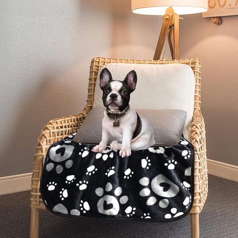 Soft Fleece Dog Blanket for Small Medium Dogs, Cute Paw Print Fluffy Flannel Pet Blanket Mat Cover for Bed Couch, Black