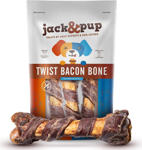Jack&Pup 10" Pork Femur Bones for Dogs (3 Pack), Bacon Twist Big
