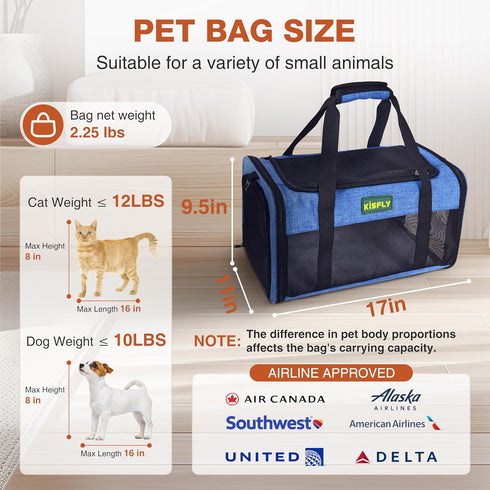 17"x11"x9.5" 12 lb, 10 lb, TSA Approved Pet Carrier in Cabin, Soft Cat Carriers for Small Cats up to Top-Open Portable