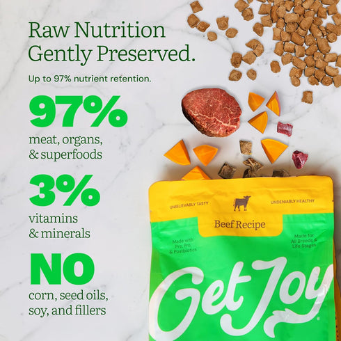 100% 16oz Get Joy Freeze Dried Raw Beef Meal, High Protein Grain Free, Dry Dog Food Meal Mixer and Topper