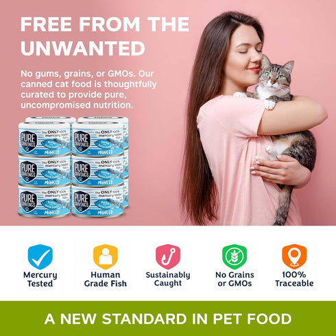 100% 3oz, Pack 12 Pure Cravings Minced Tuna and Tuna Loin Wet Canned Cat Food, Mercury-Tested, Moist Can Fish for Cats