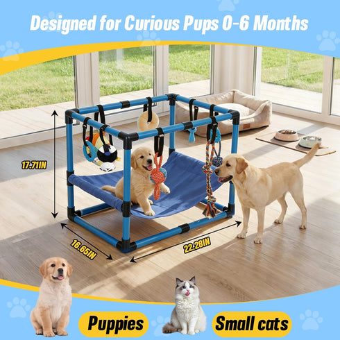 Bullro 8 Hammock Blue Puppy Play Gym with Hanging Toys, Dog Jungle Gym Indoor with and Funny Enrichment Toys, PVC Frame