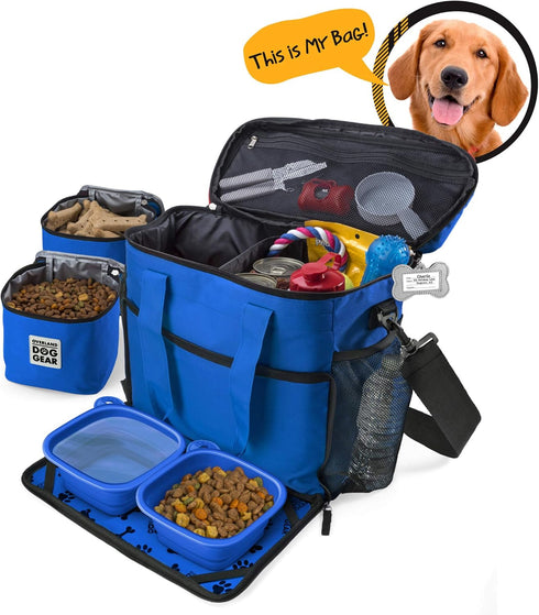 Mobile Dog Gear Week Away Dog Travel Bag (15"x7"x14", Blue) - Airline Approved with 2 Pet Food Storage Containers + 2