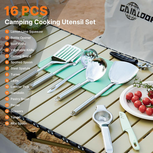 Set, Set Gaialoop Portable Camping Cooking Utensils Camp Kitchen with Organizer Bag, RV Essentials Outdoor Cooking
