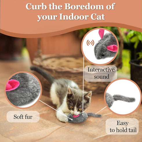 SunGrow Plush Squeaky Mice for Cats, 3 Tug Chews for Kittens' Interactive Fun, Soft Stuffed Fetch for Ferrets
