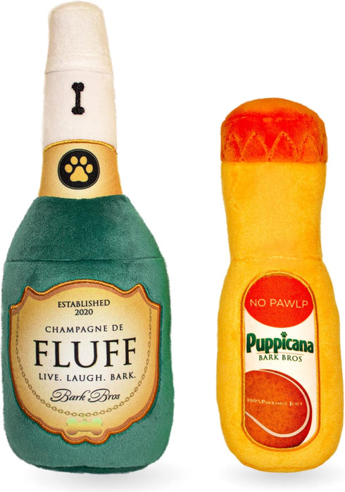Bark Bros - Paw-mosa Mimosa Plush Squeaky Dog Toy Bottle Parody Two Pack, Cute Dog Birthday Gifts