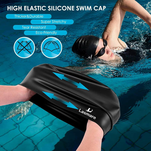 Large Long Hair Swim Cap - Silicone Swimming Cap for Women Men, Extra Room for Long Thick Hair with Ear Plugs