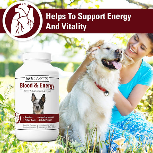 Vet Classics Blood & Energy Support for Dogs, Spirulina, Yellow Dock, & Alfalfa for Hemoglobin Formation, 120 Chewable