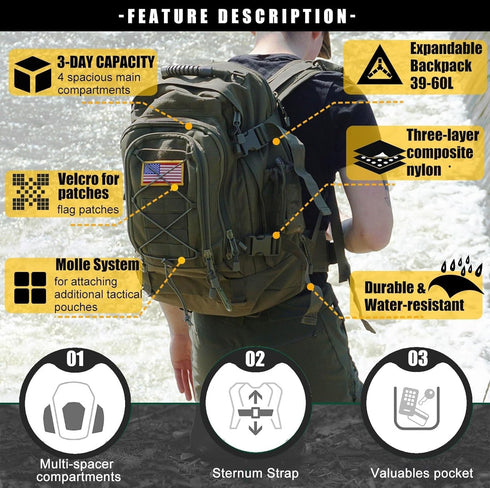 Tactical Backpack Military Hiking Daypack Molle for Men 3 Day Assault Bug Out