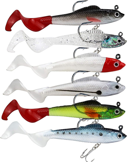 Lures for Bass, Jig Head Soft Swimbait, 6-Pack, 6 Colors Plastic Bait for Fishing
