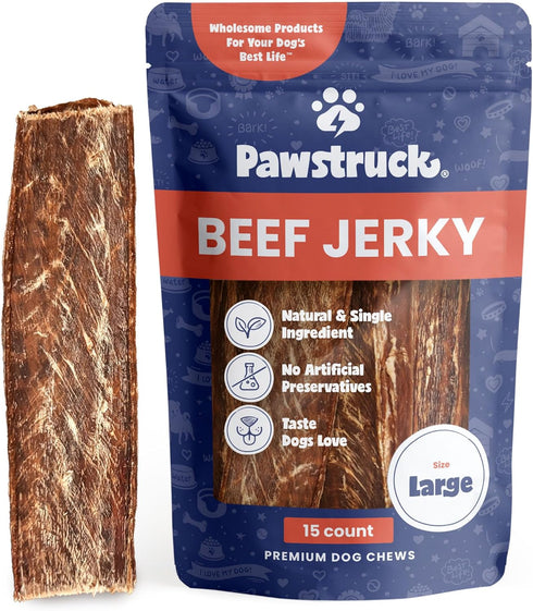 Pawstruck Premium Beef Jerky Dog Treat Chews, Large 10" Strips, Supports Hip & Joint Health, 15 Count