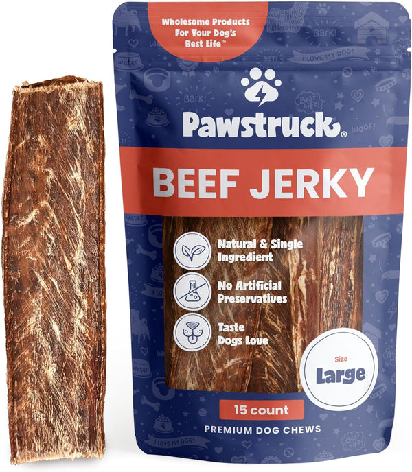 Pawstruck Premium Beef Jerky Dog Treat Chews, Large 10" Strips, Supports Hip & Joint Health, 15 Count