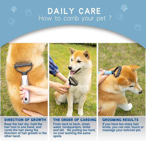 Deshedding Dog Brush - Undercoat Rake for Cats & Dogs - Double Sided Brush for Shedding and Dematting Comb Grooming