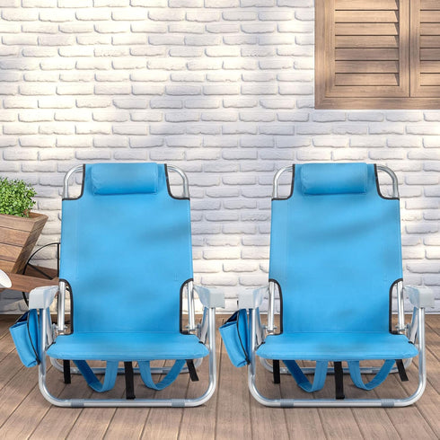 5 Backpack Folding Beach Chair, Position Portable Foldable Camping Chair with Headrest, Cup Holder, and Armrests,Blue