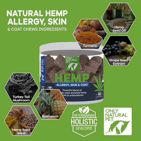 Only Natural Pet Allergy, Skin & Coat Hemp Soft Chews - Allergy Immune Bites for Dogs, Omega 3 Supplement, Hemp Oil - Calming Treats for Itchy Skin Relief, Hot Spot - (60 Count)