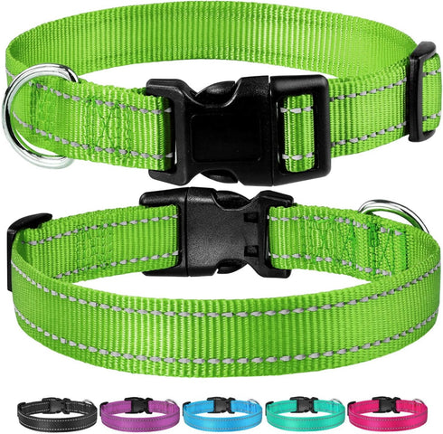 Reflective Dog Collar with Buckle - Adjustable Safety Nylon Collars for Small Medium Large Dogs, Grass Green M