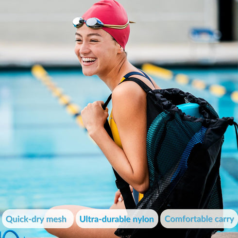 Sporti Swimming Equipment Bag - Zipper Pocket Mesh Drawstring Backpack, Big Mesh Gym Bag for Workout Gear