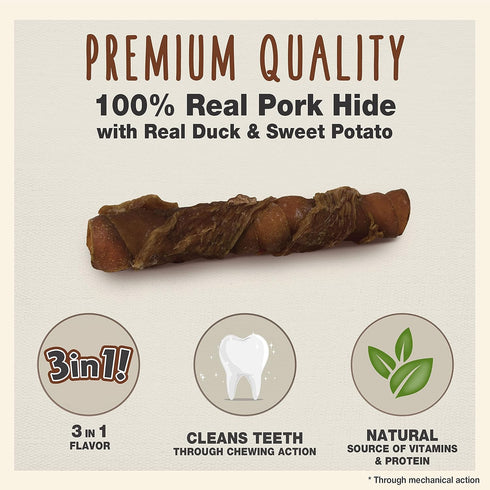 Cadet Gourmet Triple Chews Pork Hide, Sweet Potato, & Duck Dog Treats, Healthy for Small & Large Dogs