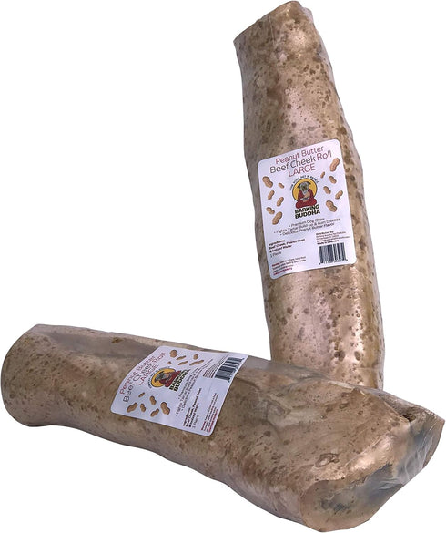 Original Beef Cheek Rolls | Super Thick | Peanut Butter | Large 10-12 Inch (5 Pack) | All Natural Rawhide Alternative