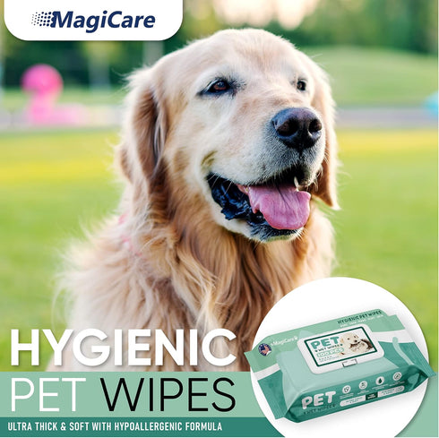 MAGICARE Grooming Wipes for Dogs & Cats - 100 Unscented Deodorizing Wipes for Sensitive Skin, Made in USA