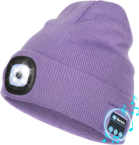 Wmcaps Bluetooth Beanie with Light, Unisex USB Rechargeable 4 LED Hat with Cordless Headphones, Unique Gifts for Men