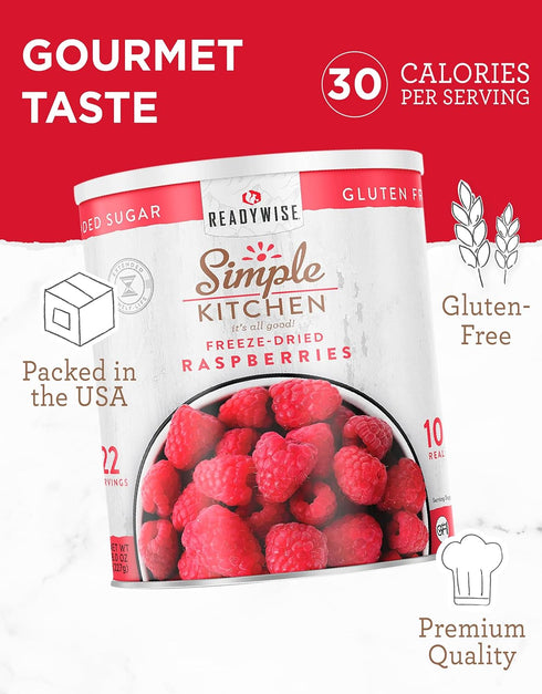 22 READYWISE - Simple Kitchen Freeze Dried Raspberries, Servings, Vegan, Gluten Free, Healthy Snack, Survival Food