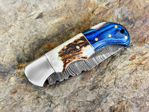 WINTERFELL Damascus Pocket Knife For Men - 6.5" Handmade Folding Knife with Leather Sheath for Hunting and Camping