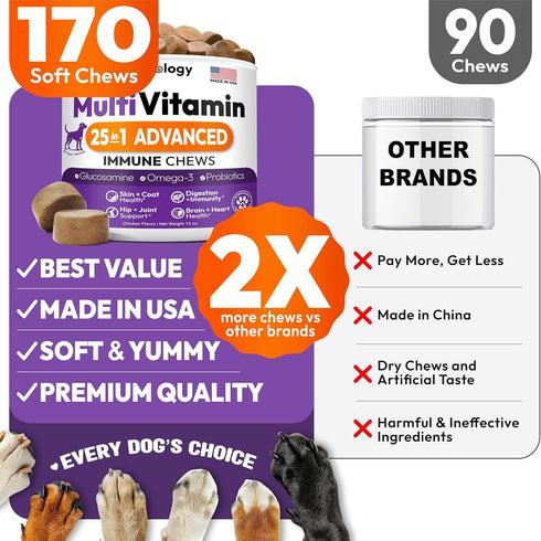 170 Immune Dog Multivitamin Chewable - Dog Vitamins and Supplements with Glucosamine - Chews - Hip & Joint, Pet