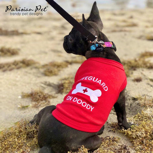 Parisian Pet Dog Tshirt, "Lifeguard on Doody" Embroidered, Red, Pure Cotton, XL3, Machine Washable