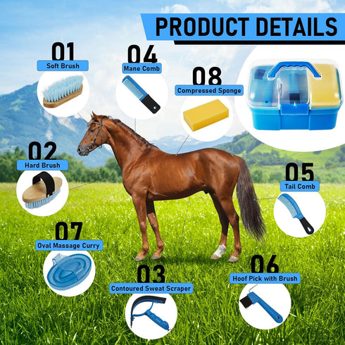 9 Cunhill Pieces Horse Grooming Kit with Organizer Curry Comb, Hard & Soft Brushes, Hoof Pick, Sweat Scraper, Sponge
