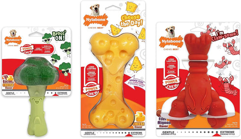 50 lbs, 3 Pack Nylabone Power Chew Toy Bundle, Cute Dog Toys for Aggressive Chewers, Filet Mignon, Cheese, and Bacon