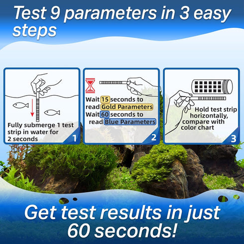 9 in 1 Aquarium Test Strips for Salt & Freshwater, Fish Tank Tester Kit for Iron, Copper, pH, Nitrate & More