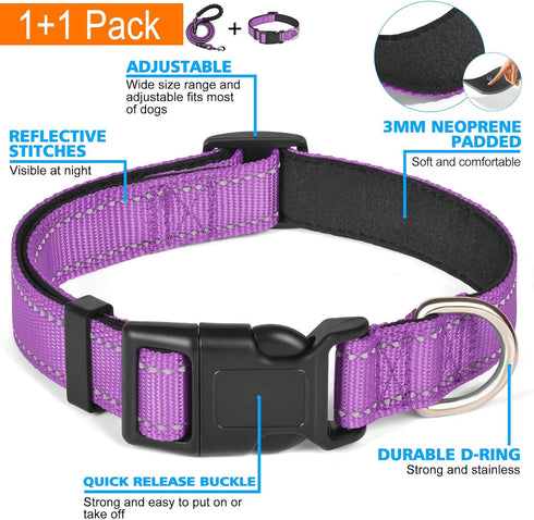 Reflective Dog Collar Padded with Soft Neoprene, Breathable Adjustable Nylon Collars for Small Medium Large Dogs
