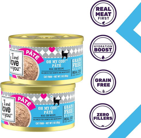 I AND LOVE AND YOU Wet Cat Food - Oh My Cod Pâté, Cod Recipe, Grain Free, Filler Free, 3oz Pack of 4 Cans