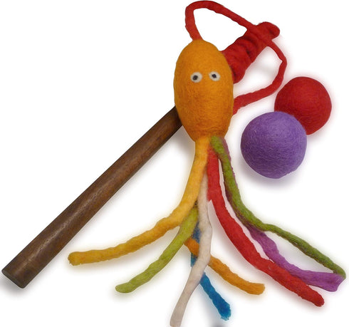 Wool Cat Toy, Felted Wool Rainbow Squid Fish Wand Toy Plus 2 Felt Ball Toys for Indoor Cats