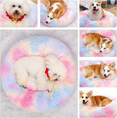 Calming Dog Bed - Round Donut Washable Bed for Small Medium Large Dogs, Anti-Slip Faux Fur Fluffy Cuddler (L 36''x36'',