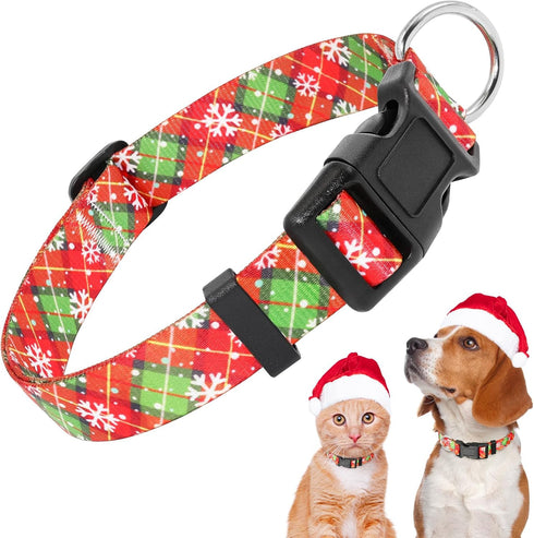 Dogs Christmas Collar - Red Plaid Snowflake-Themed Adjustable Puppy Collar for Small Dogs, Pet Decorative Collar