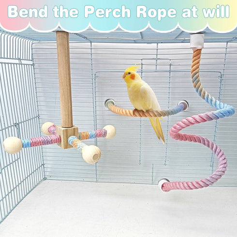 Set BNOSDM Bird Rope Perch with Stand Perch Toy Bendable Rope Perches Wooden Spinning Exercise Wheel Toy Parrot Cage