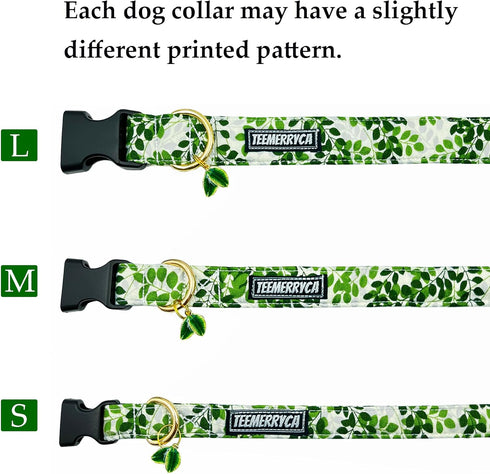 TEEMERRYCA Summer Comfortable Cotton Dog Collars, Green Leaf Print for Female Male Small Medium Large Dogs