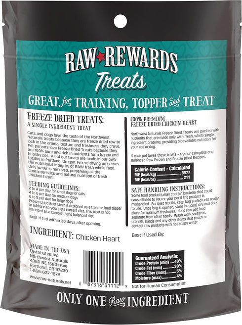 Northwest Naturals Raw Rewards Freeze-Dried Chicken Heart Treats for Dogs and Cats - Bite-Sized Pieces - Healthy, 1 Ingredient, Human Grade Pet Food, All Natural - 3 Oz (Packaging May Vary)