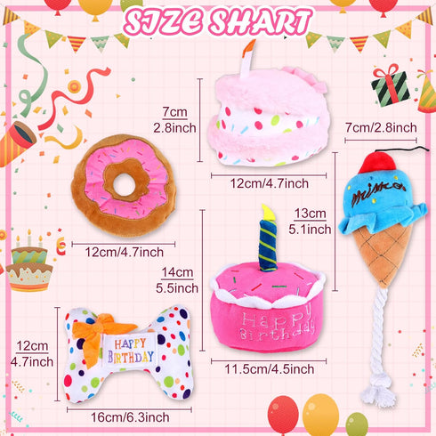 DoreenBow 5 Pack Dog Birthday Toys - Squeaky Birthday Cake Chew Toys for Small Dogs - Plush Birthday Box Gift