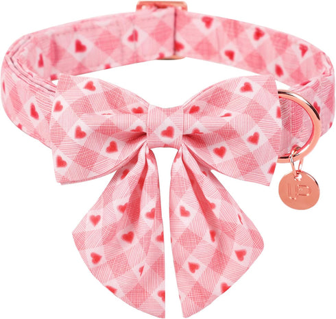 Valentine Dog Collar with Bow Tie, Cotton Collar for Large Dogs, Pink Plaid, Neck 16-24in