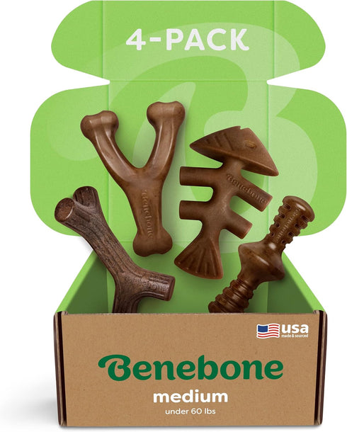 Benebone Medium 4-Pack Dog Chew Toys for Aggressive Chewers, Made in USA, for Dogs 60lbs and Under