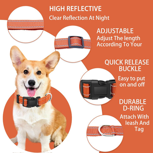 Reflective Dog Collar with Safety Locking Buckle - Adjustable Soft Breathable Nylon Collars for Small, Medium, Large
