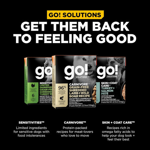 GO! SOLUTIONS Carnivore Protein Rich Wet Dog Food, Grain Free Shredded Lamb and Wild Boar, Complete Nutrition, 12.5 oz