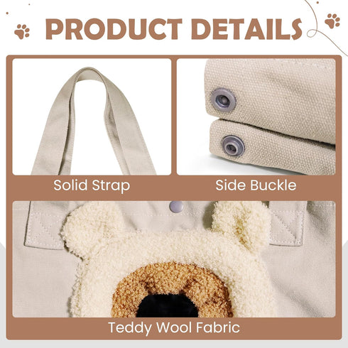 Pet Canvas Shoulder Carrying Bag, Cute Khaki Bear Shaped Cat Carrier, M Size Portable Tote for Small Dogs, Cats,