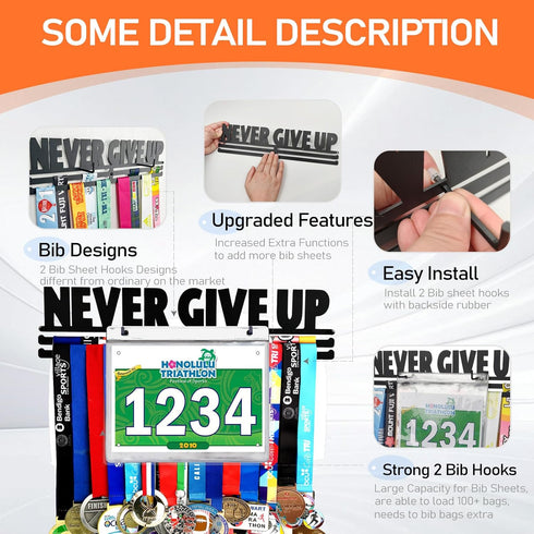 16" Never GIVE UP Race Bib Medal Hanger Holder Display Wall Rack in Long-Medal Hanger Awards Ribbon