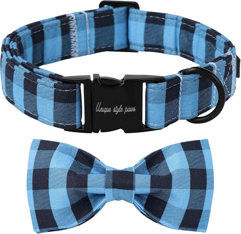 Unique Style Paws Cotton Dog Collar - Bow Puppy Collar with Black Blue Grid for Small Medium Large Dogs