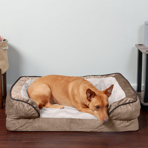 Furhaven Orthopedic Dog Bed for Medium/Small Dogs, Removable Bolsters & Washable Cover, Plush Velvet Waves, Brownstone,