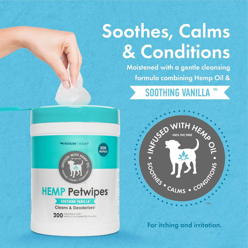 Petkin Hemp Pet Wipes for Dogs and Cats, 200 Count - Soothing Vanilla Scent, Conditions Face, Eyes, and Body